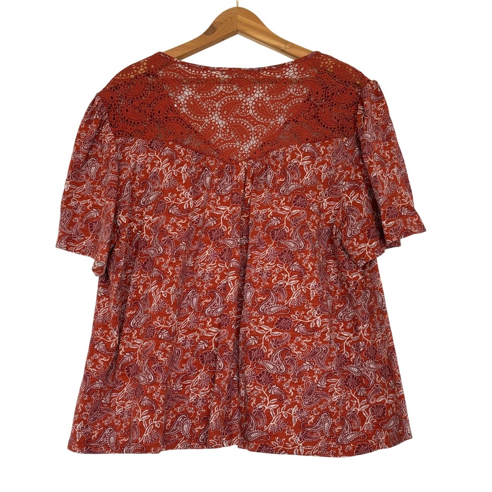 Daniel Rainn Womens 3X Orange Paisley Crochet Lace Yoke Short Sleeve Top Boho